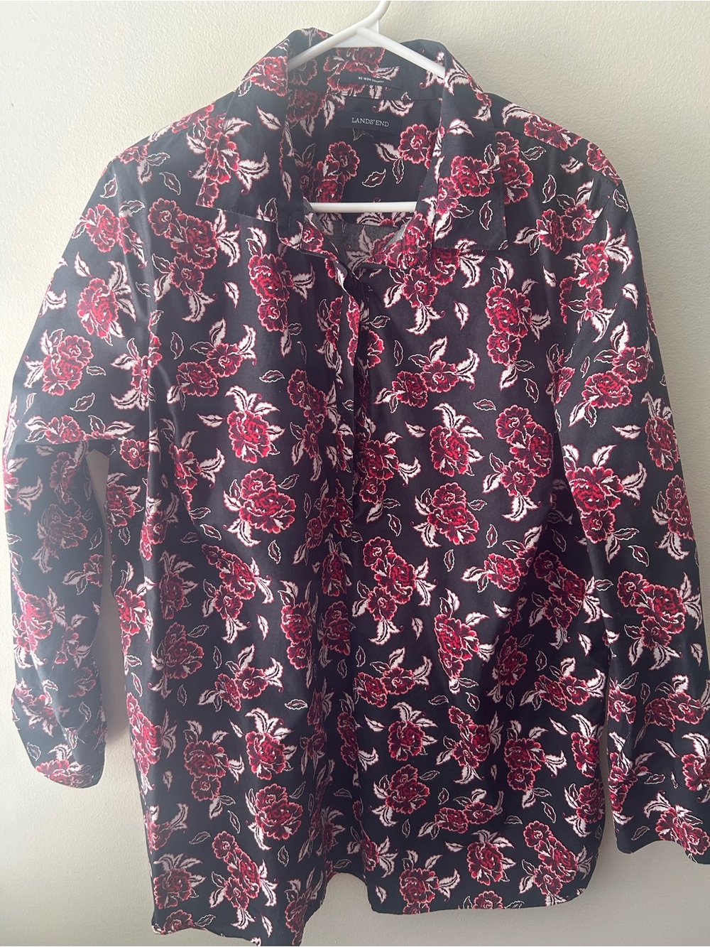 Lands' End Black Button-Down Shirt with Red Floral Print- NWOT
